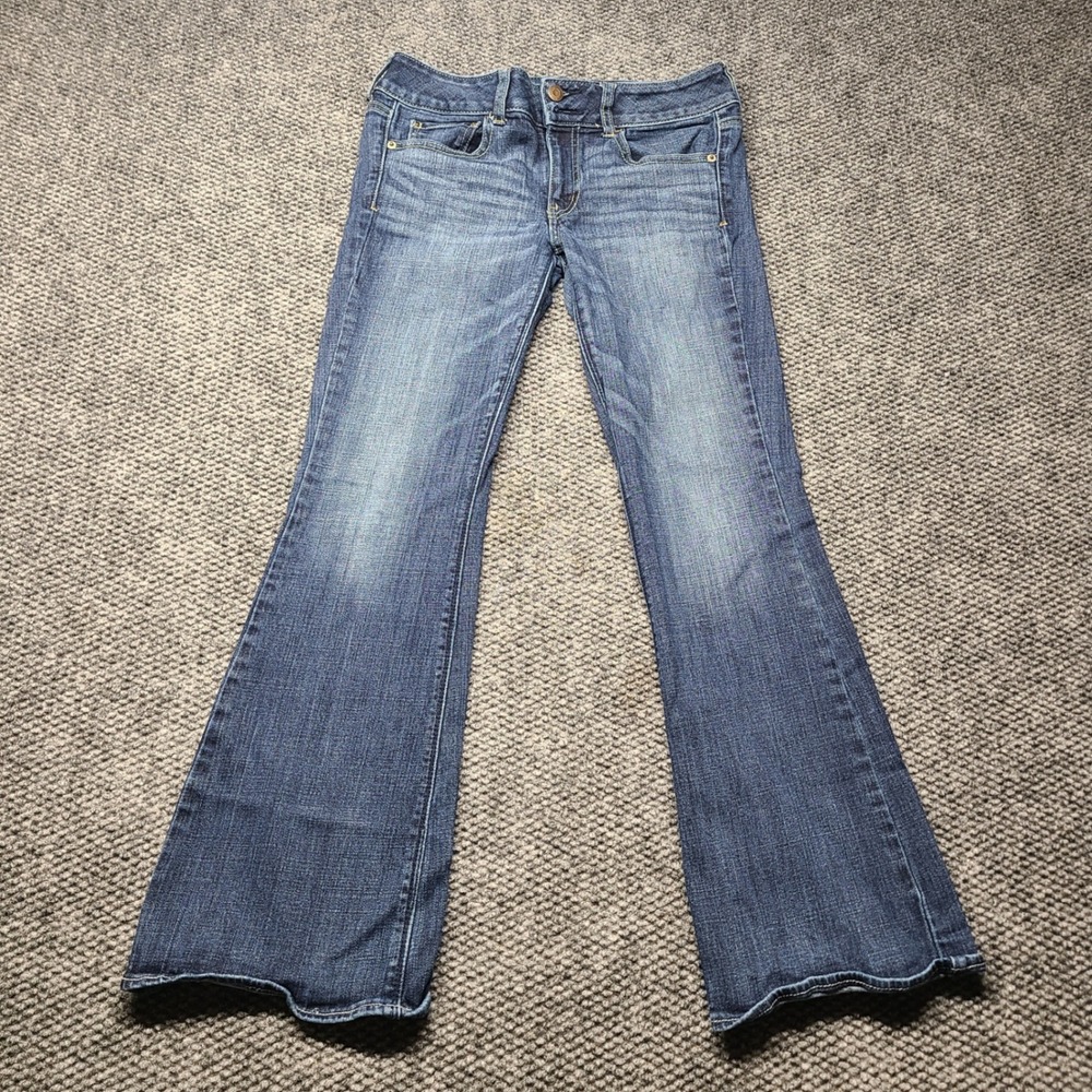 Y2K low rise American Eagle Artist Stretch Flare Jeans Blue Denim 2 Short